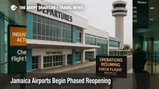 Kingston's Norman Manley International Airport curbside on reopening day, departures sign and tower visible, operations resuming after Hurricane Melissa