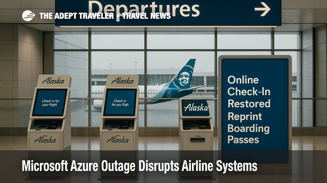 Alaska Airlines check-in kiosks at Seattle-Tacoma with notice about restored online check-in and boarding pass reprints after a Microsoft Azure outage