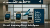 Alaska Airlines check-in kiosks at Seattle-Tacoma with notice about restored online check-in and boarding pass reprints after a Microsoft Azure outage