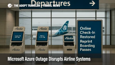 Alaska Airlines check-in kiosks at Seattle-Tacoma with notice about restored online check-in and boarding pass reprints after a Microsoft Azure outage