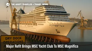 MSC Magnifica in dry dock at Palumbo Malta Shipyard, cranes and harbor backdrop highlight the cruise ship's refit and new MSC Yacht Club work underway