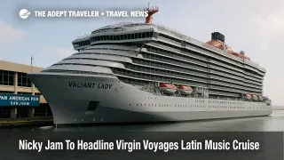 Valiant Lady berthed at San Juan's Pan American Pier for the Nicky Jam Virgin Voyages Latin music cruise in December 2025