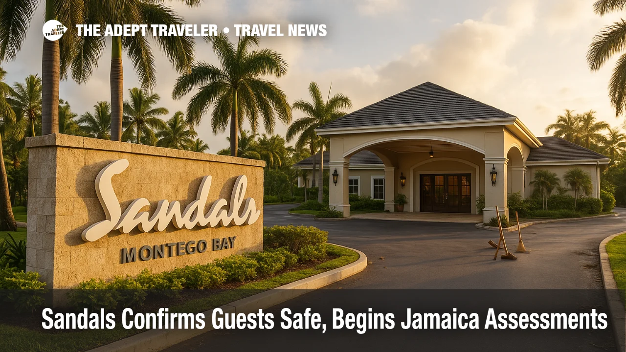 Sandals Montego Bay entrance and sign after Hurricane Melissa, warm late-afternoon light, supplier update for Sandals Jamaica operations