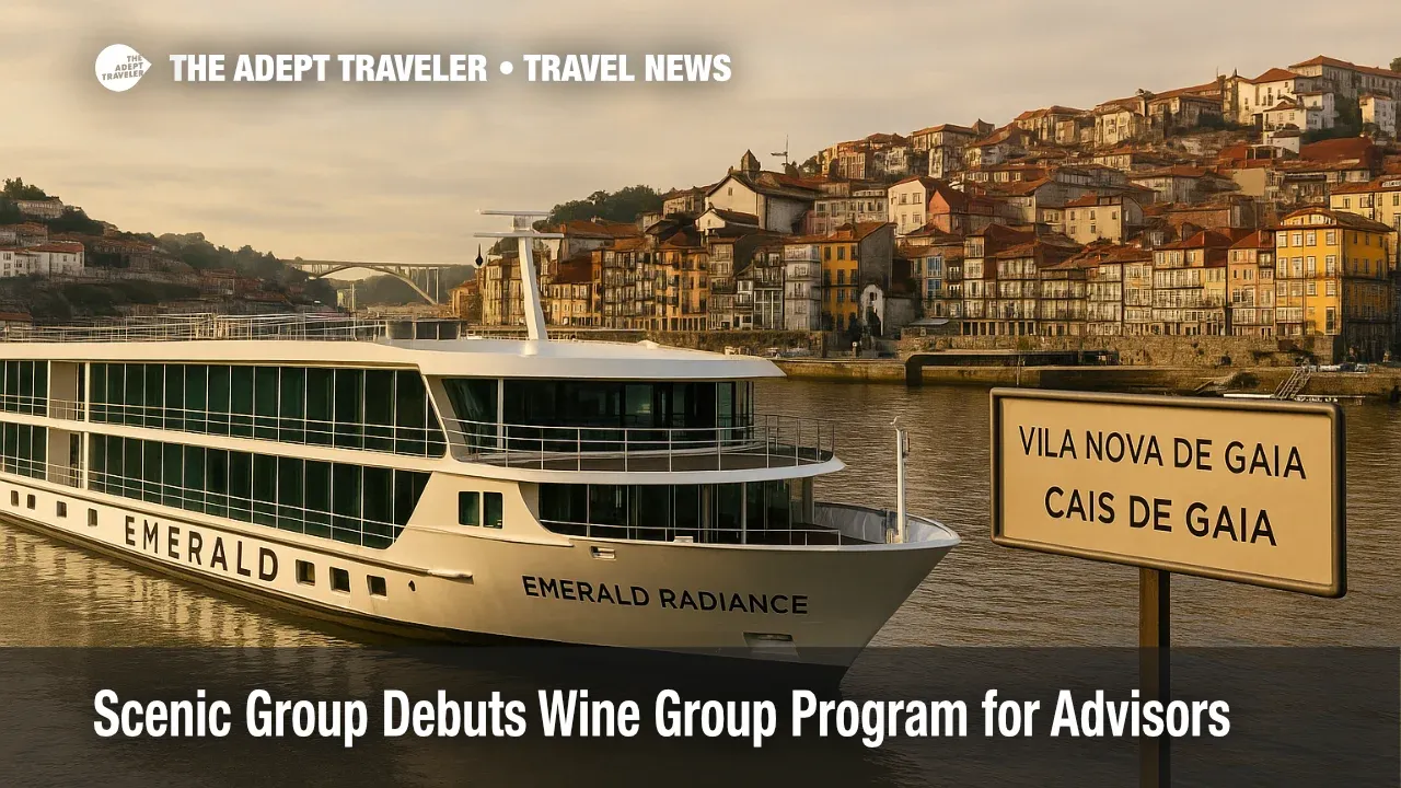 Emerald Radiance docked at Vila Nova de Gaia on the Douro River, supplier news visual for Scenic Group Wine Group Program launch