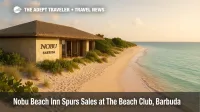 Low-rise Nobu Beach Inn bungalow facing Princess Diana Beach on Barbuda, calm turquoise water and pink-white sand, The Beach Club, Barbuda setting