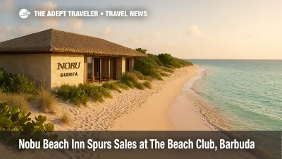 Low-rise Nobu Beach Inn bungalow facing Princess Diana Beach on Barbuda, calm turquoise water and pink-white sand, The Beach Club, Barbuda setting