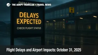 Rainy early morning at JFK with a departures board reading "Delays Expected," wet reflections and terminal signage illustrate flight delays and airport impacts