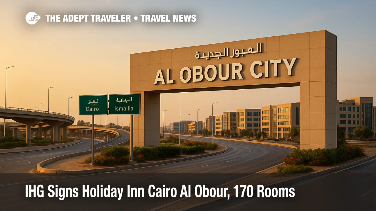 Al Obour City entrance sign and Cairo-Ismailia Desert Road at golden hour, illustrating the future Holiday Inn Cairo Al Obour location corridor