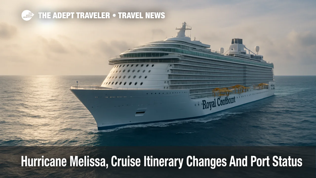 Royal Caribbean cruise ship sailing at sea under golden hour light and calm swells, for Hurricane Melissa cruise updates.