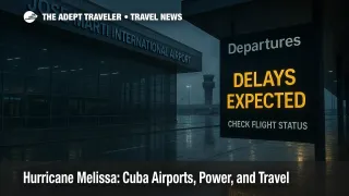 Storm-dark scene at José Martí International Airport in Havana with wet reflections and “Delays Expected” sign during Hurricane Melissa travel disruptions
