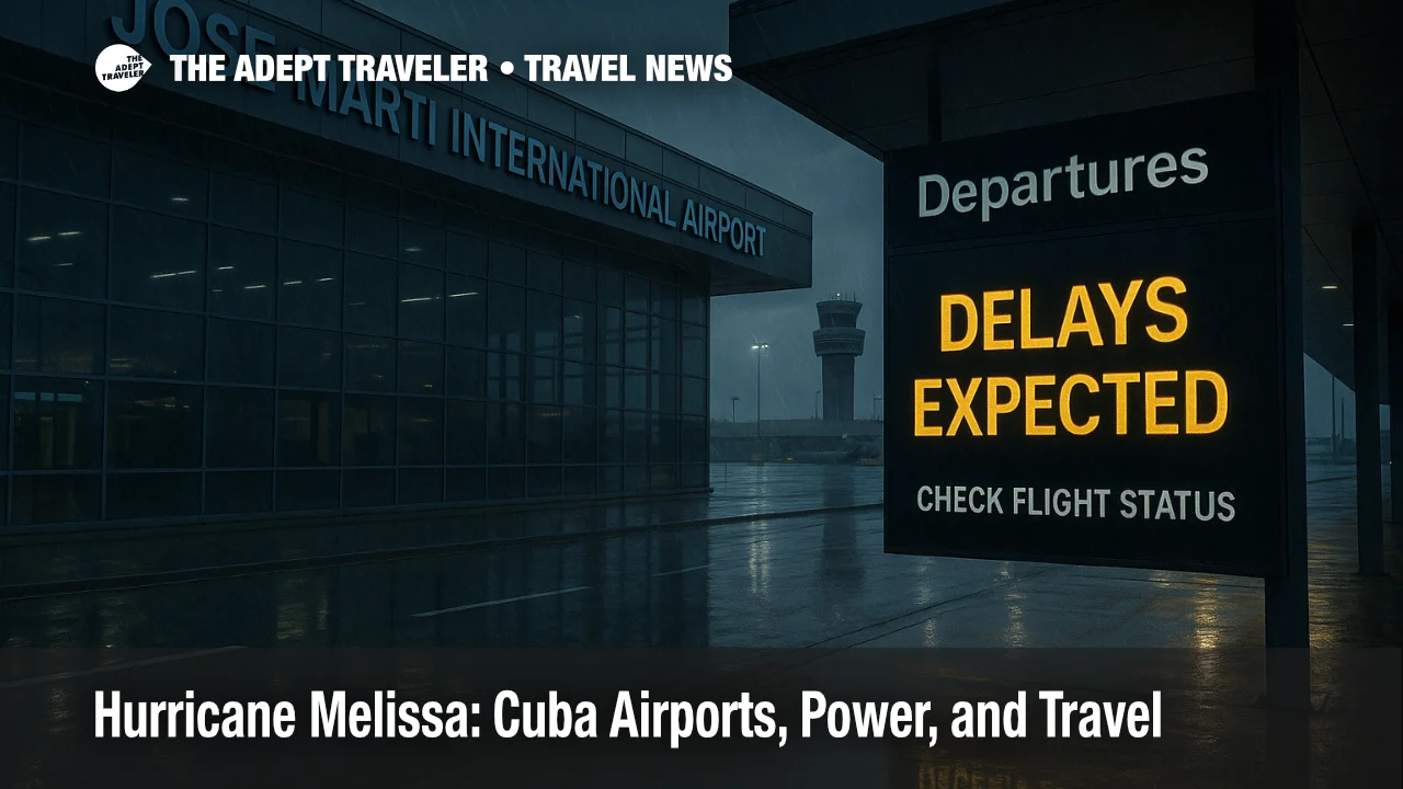 Storm-dark scene at José Martí International Airport in Havana with wet reflections and “Delays Expected” sign during Hurricane Melissa travel disruptions