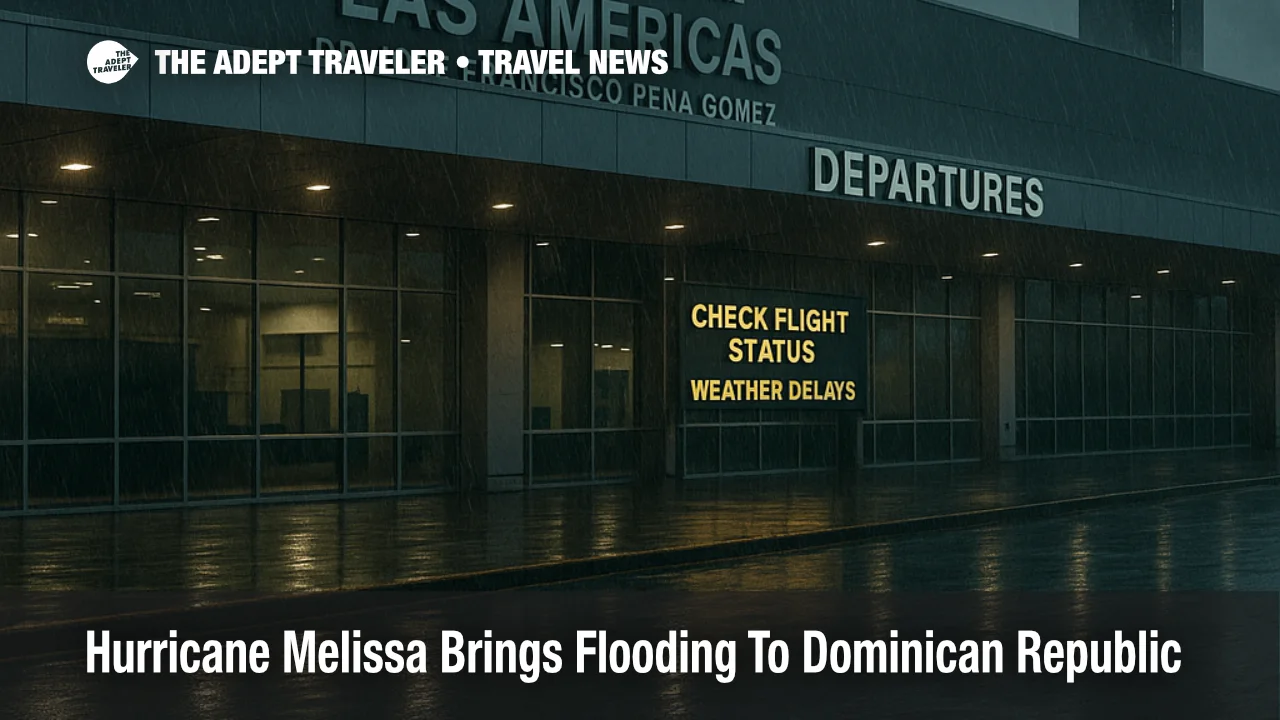 Stormy afternoon at Las Américas International Airport with wet reflections and a departures board advising travelers to check flight status amid Hurricane Melissa