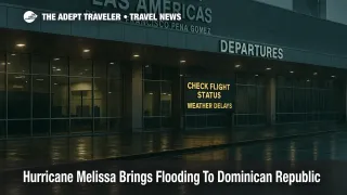 Stormy afternoon at Las Américas International Airport with wet reflections and a departures board advising travelers to check flight status amid Hurricane Melissa