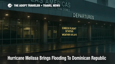 Stormy afternoon at Las Américas International Airport with wet reflections and a departures board advising travelers to check flight status amid Hurricane Melissa