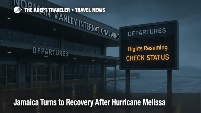 Stormy morning at Kingston's Norman Manley International after Hurricane Melissa, departures board reads Flights Resuming as recovery begins