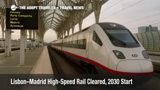 High-speed train at Lisbon Oriente platform with departures board showing Madrid, illustrating the planned Lisbon-Madrid high-speed rail link