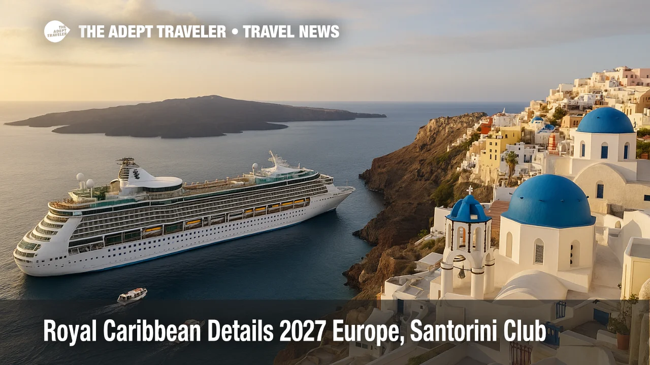 Royal Caribbean ship off Santorini's caldera with Oia in view and tender signage for Royal Beach Club Santorini, 2027 Europe sailings