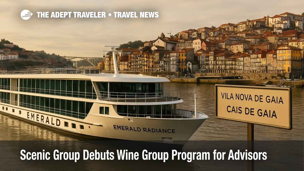 Emerald Radiance docked at Vila Nova de Gaia on the Douro River, supplier news visual for Scenic Group Wine Group Program launch