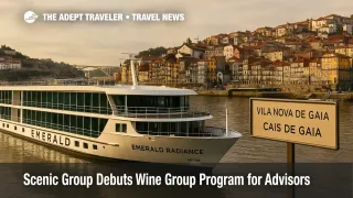 Emerald Radiance docked at Vila Nova de Gaia on the Douro River, supplier news visual for Scenic Group Wine Group Program launch