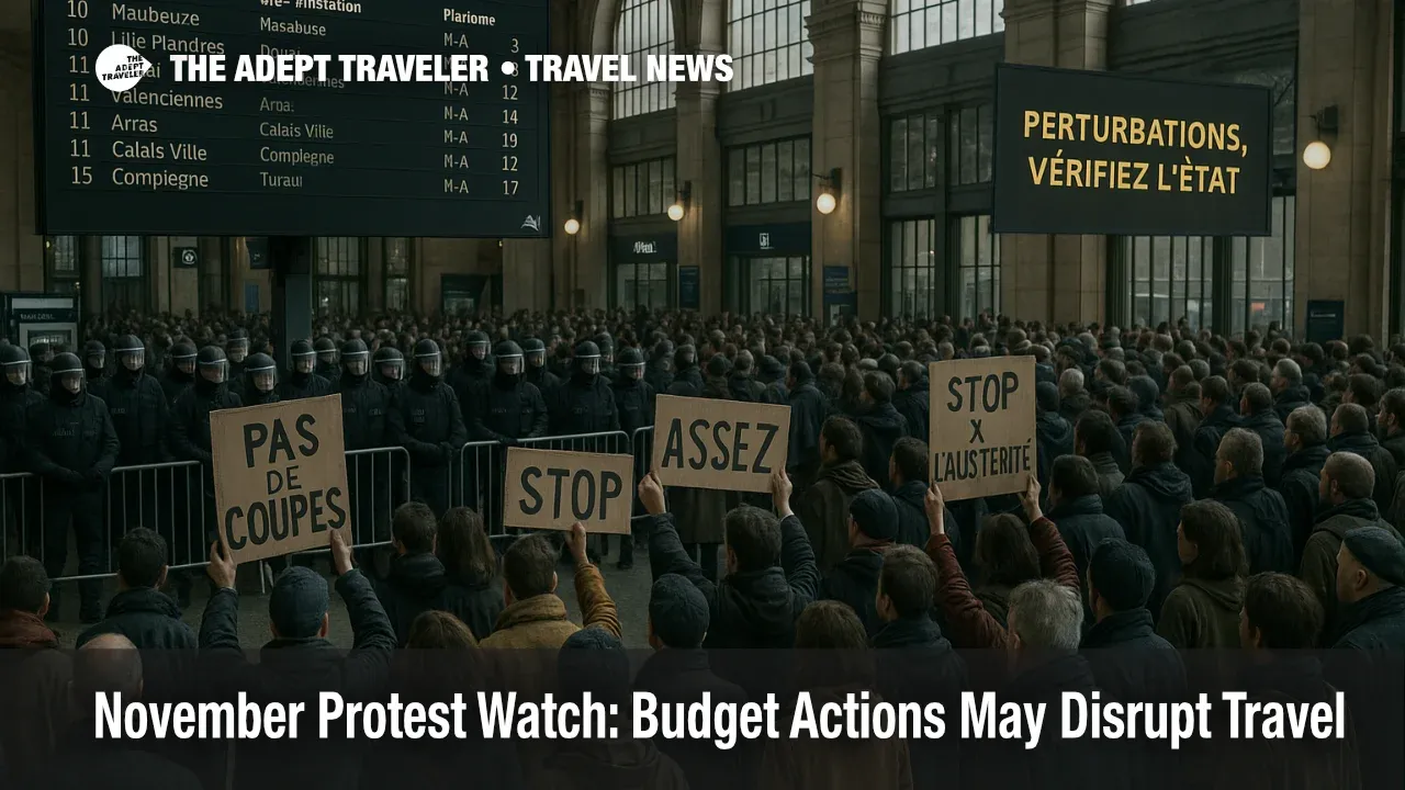 Small protest near Roma Termini departures board with advisory signage, signaling November budget demonstrations that may disrupt transfers