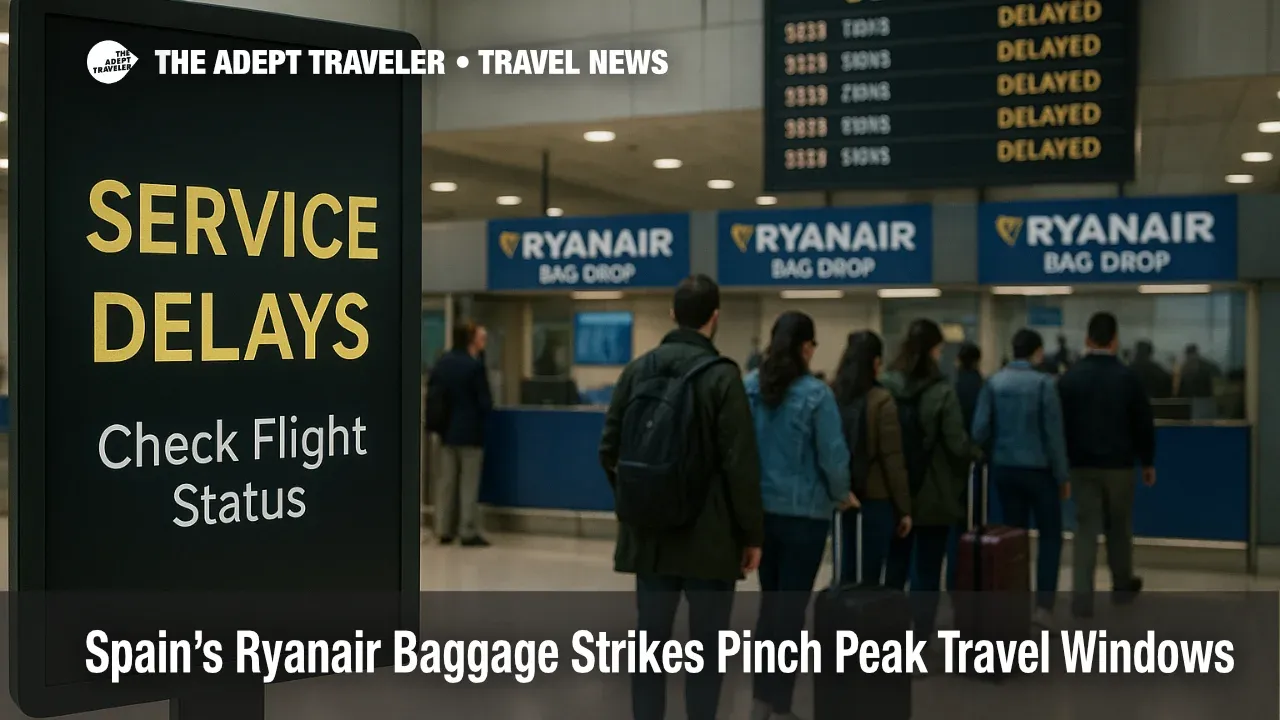 Ryanair bag-drop at Madrid-Barajas with "Service Delays" signage and small queue during Azul Handling strike, warning about longer check-in and baggage waits