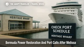 Heritage Wharf at Royal Naval Dockyard with a cruise ship alongside and a "Check Port Schedule" sign, illustrating Bermuda post-Melissa operations