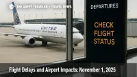 Departures monitor at Chicago O'Hare with a United jet at the gate, clean overcast light, subtle 