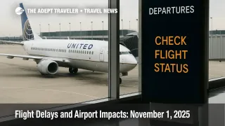 Departures monitor at Chicago O'Hare with a United jet at the gate, clean overcast light, subtle "Check Flight Status" cue for flight delays and airport impacts