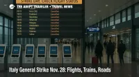 Fiumicino departures hall during Italy general strike, departures board reads Strike Day, travelers check status under cool overcast light