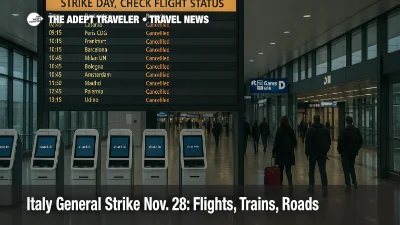 Fiumicino departures hall during Italy general strike, departures board reads Strike Day, travelers check status under cool overcast light