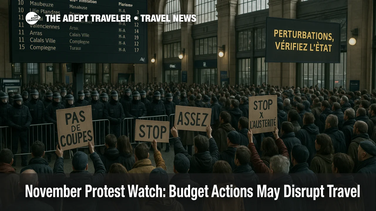 Small protest near Roma Termini departures board with advisory signage, signaling November budget demonstrations that may disrupt transfers