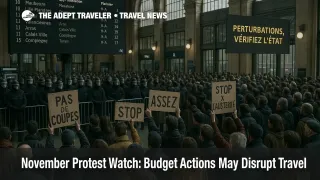 Small protest near Roma Termini departures board with advisory signage, signaling November budget demonstrations that may disrupt transfers