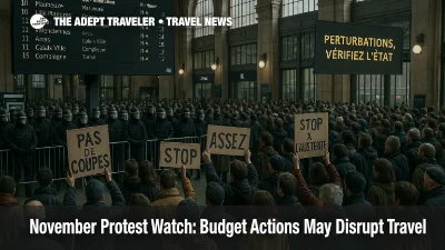 Small protest near Roma Termini departures board with advisory signage, signaling November budget demonstrations that may disrupt transfers