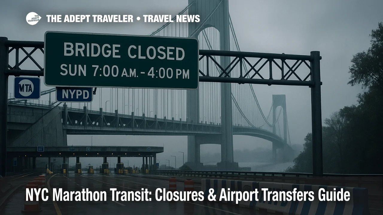 Verrazzano-Narrows Bridge with "Bridge Closed 7:00 a.m.-4:00 p.m." sign on wet lanes, marathon warning for drivers and airport transfers