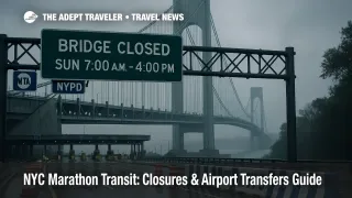 Verrazzano-Narrows Bridge with "Bridge Closed 7:00 a.m.-4:00 p.m." sign on wet lanes, marathon warning for drivers and airport transfers