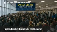 Chicago O'Hare TSA checkpoint with a departures board reading Expect Delays, illustrating shutdown-driven flight delays this week