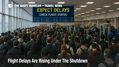 Chicago O'Hare TSA checkpoint with a departures board reading Expect Delays, illustrating shutdown-driven flight delays this week