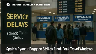 Ryanair bag-drop at Madrid-Barajas with "Service Delays" signage and small queue during Azul Handling strike, warning about longer check-in and baggage waits