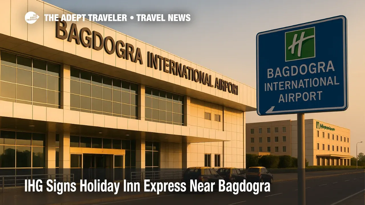 Warm late-afternoon view of Bagdogra International Airport curbside, terminal signage and taxi stand framing new Holiday Inn Express Siliguri airport news
