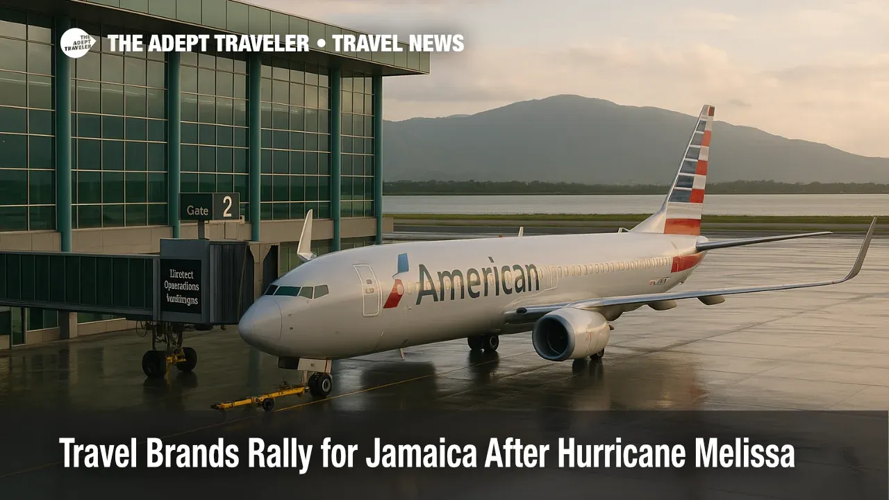 American 737 at Kingston's main gate after Hurricane Melissa, gate screen reads Relief Flights & Limited Operations as Jamaica recovery begins