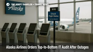 Alaska gate at Seattle-Tacoma with "Check Flight Status" notice on screen, kiosks in view, highlighting Alaska Airlines IT audit and app issues