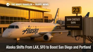 Alaska Airlines gate at San Diego International Airport with branded tails, warm evening light, and a boarding screen signaling the carrier's San Diego expansion