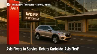 Curbside Avis First pickup zone at Denver International Airport with premium SUV and terminal signage, illustrating the new concierge service