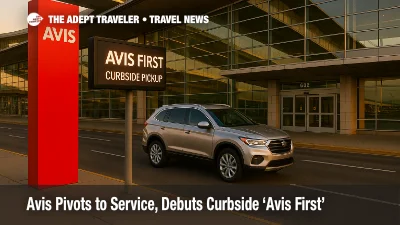 Curbside Avis First pickup zone at Denver International Airport with premium SUV and terminal signage, illustrating the new concierge service