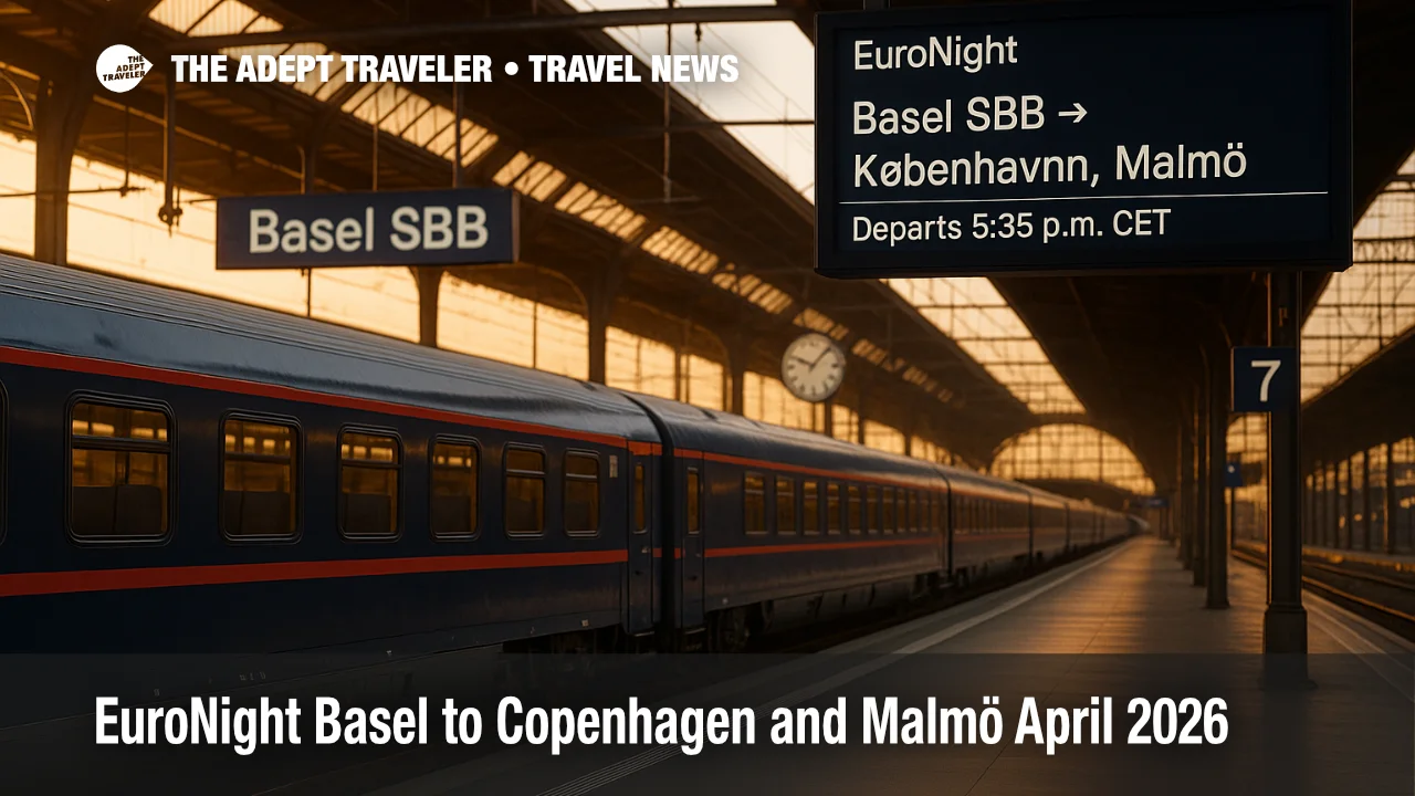 EuroNight Basel to Copenhagen and Malmö at Basel SBB platform, golden hour light with clear signage announcing 5:35 p.m. CET departure