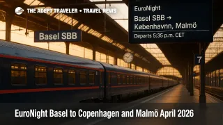 EuroNight Basel to Copenhagen and Malmö at Basel SBB platform, golden hour light with clear signage announcing 5:35 p.m. CET departure
