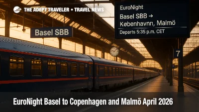EuroNight Basel to Copenhagen and Malmö at Basel SBB platform, golden hour light with clear signage announcing 5:35 p.m. CET departure