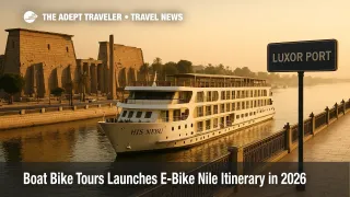 H/S Nebu moored by Luxor Temple at golden hour, signaling Boat Bike Tours' 2026 Nile e-bike itinerary with supplier news focus