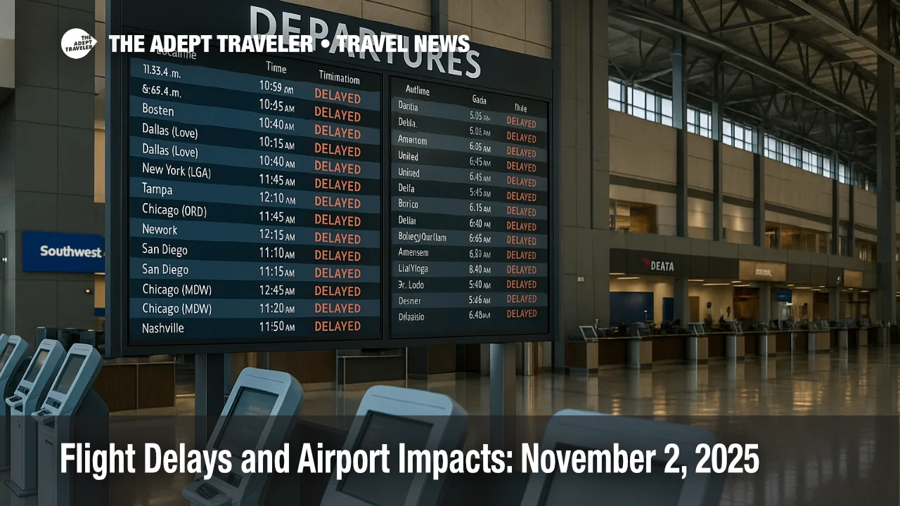Departures board at Austin-Bergstrom showing a ground-delay program and arrival delays, concourse kiosks visible, illustrating today's flight delays