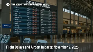 Departures board at Austin-Bergstrom showing a ground-delay program and arrival delays, concourse kiosks visible, illustrating today's flight delays